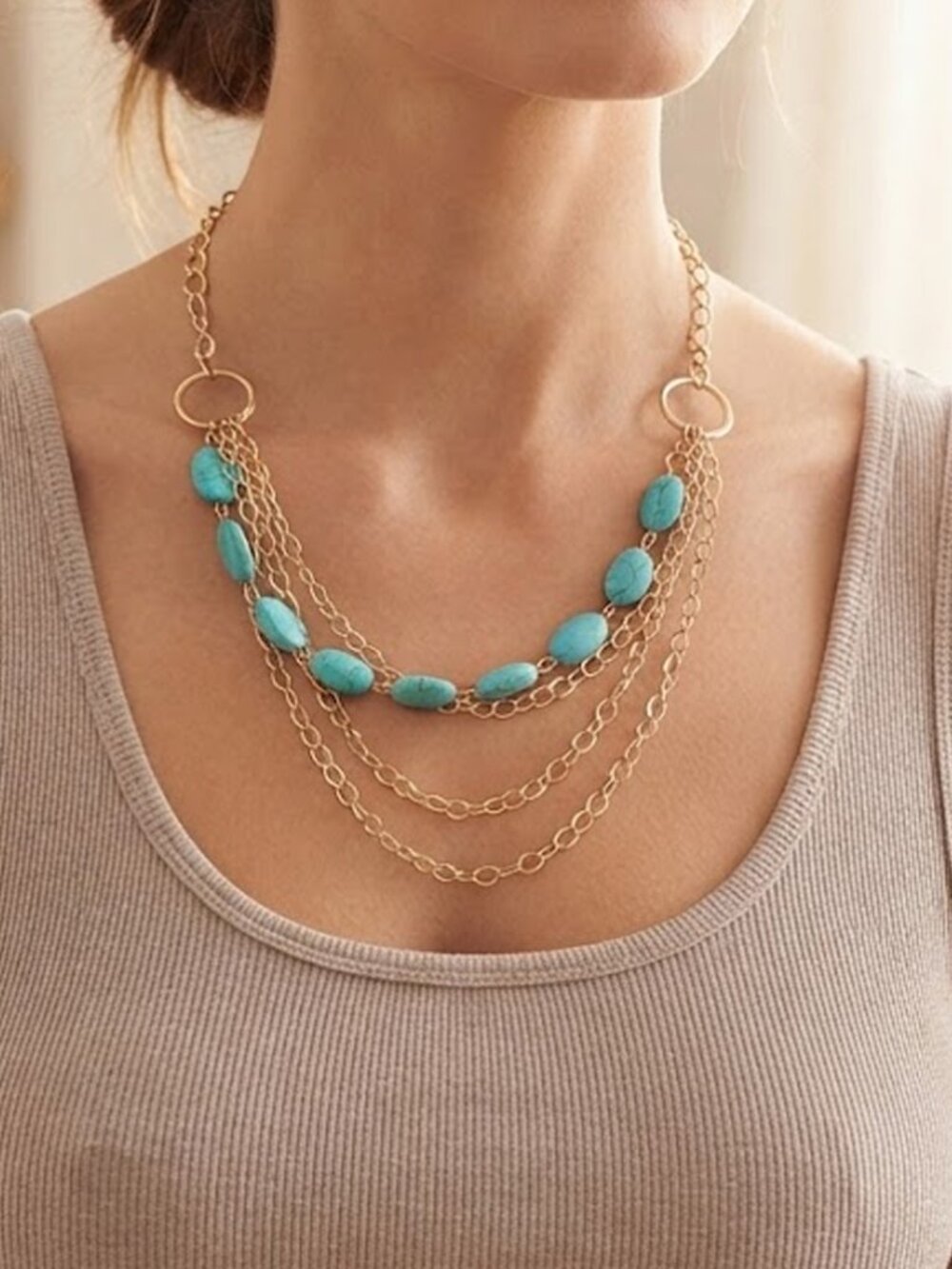 Teal Stone Chain Layered Necklace - Picture 3 of 4